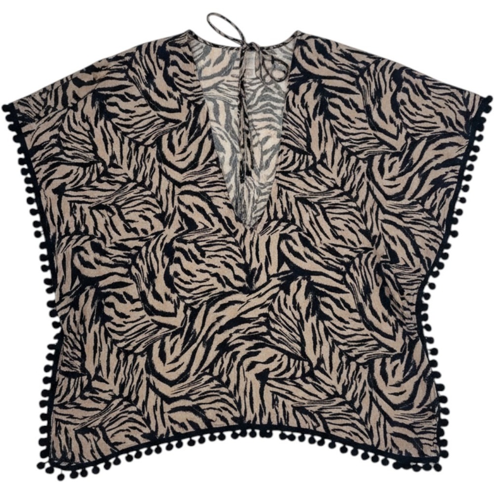 Xhilaration Tiger Print Swim Cover Up Pom Pom Trim Tan Black Kaftan Small